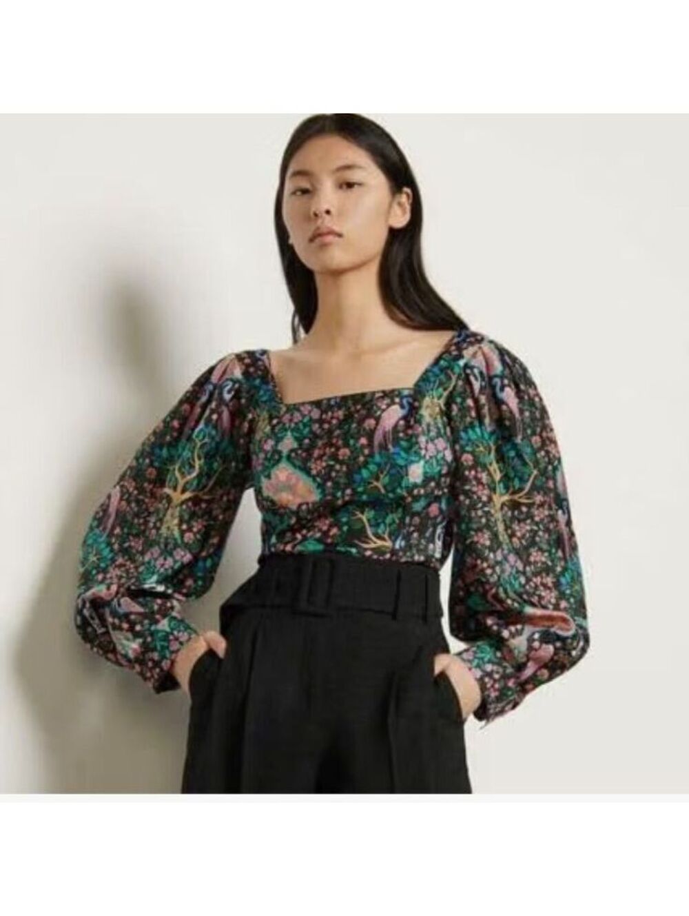 Sandro Paris Long Sleeve 100% Silk Blouse Tropical Print Vacation Top M
